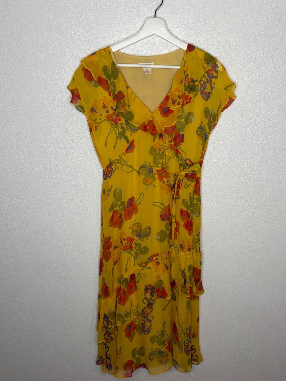 Sundance Sunflower Yellow Floral Silk Midi Ruffle Dress Size 6